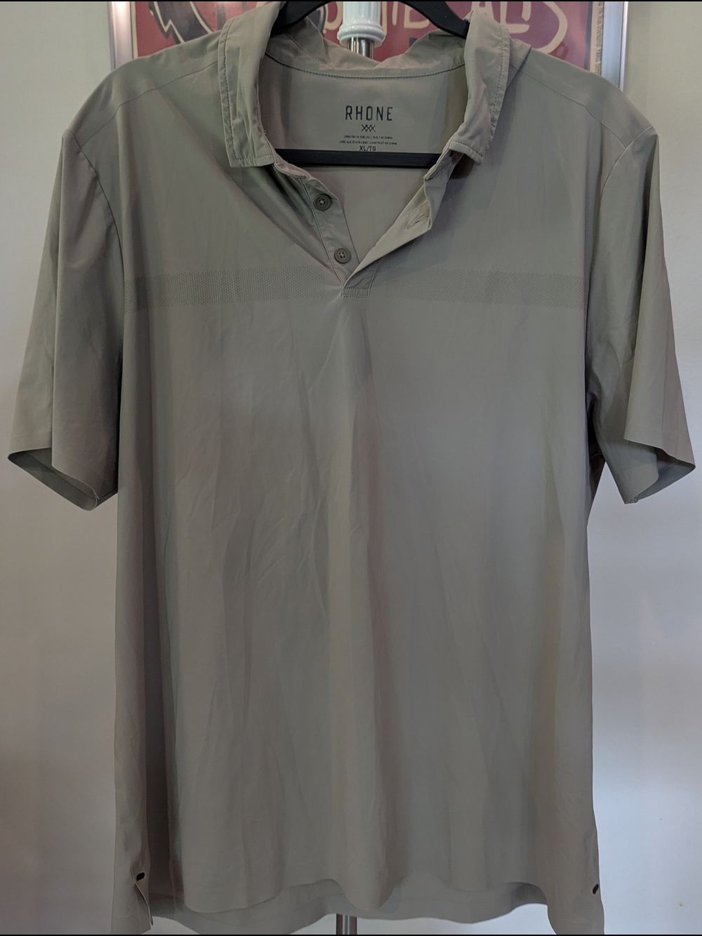 $20 Rhone Men's XL Performance Golf Polo Shirt Mesh Chest Stripe Khaki Olive EUC